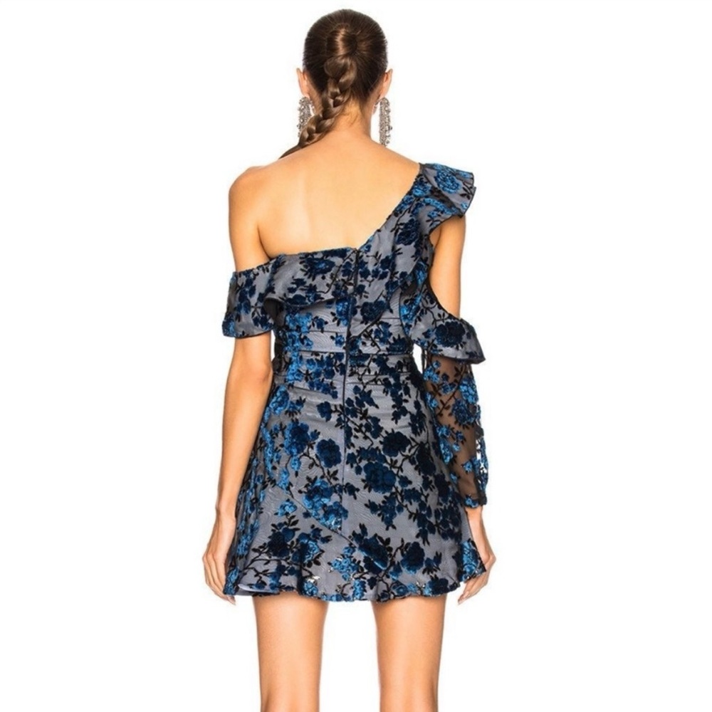 Self-Portrait One Shoulder Velvet Devoré Mini Dress Blue NWT Size 0 - Picture 4 of 17